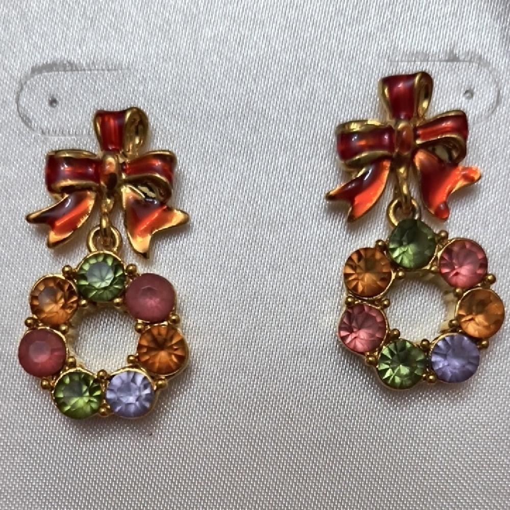 Vintage Colorful Bow and Wreath Earrings Feminine Coquette